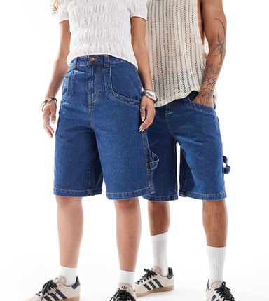 Återvunnen vintage unisex längre denim snickarbukshorts i indigo