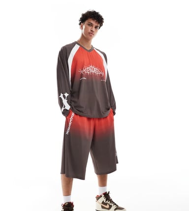 COLLUSION long line track shorts co-ord in black and red