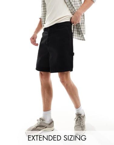 ASOS DESIGN standard length denim jorts with carpenter detailing in mid wash blue