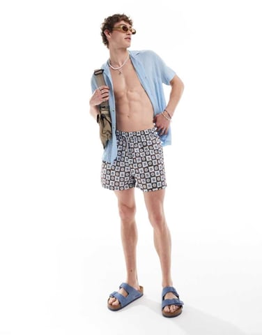 Reclaimed Vintage swim short in blue floral tile print