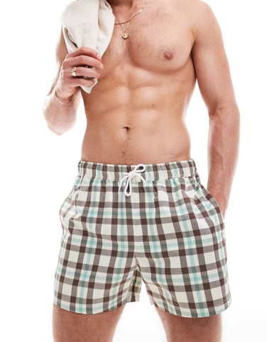 ASOS DESIGN swim shorts in short length in check print