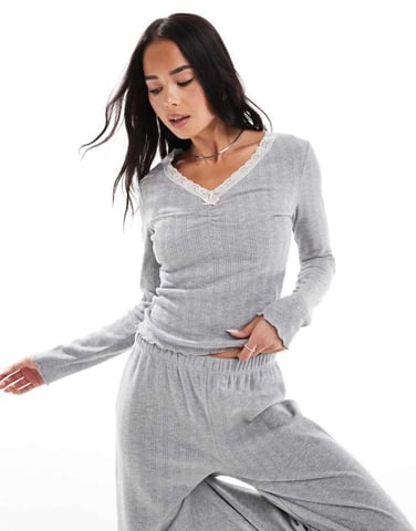 Miss Selfridge lace trim pointelle long sleeve top co ord