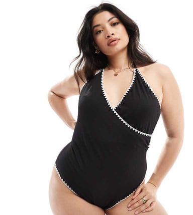 In The Style Plus wrap front contrast stitch swimsuit in black