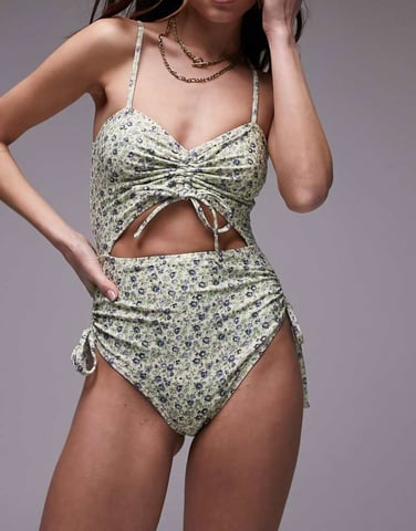 Topshop cut out swimsuit in blue ditsy floral