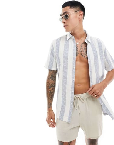 ASOS DESIGN regular shirt in blue waffle weave stripe