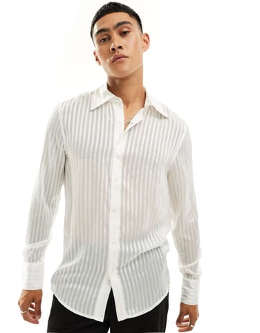 ASOS DESIGN sheer stripe regular shirt with 70's collar in white