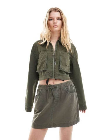 ASOS DESIGN cropped shirt with utility pockets in washed khaki co-ord