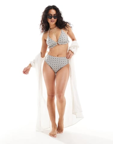 Pieces halterneck bikini top co-ord in mono solar print