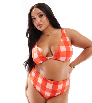 ASOS DESIGN Curve Picnic twist front crop bikini top in gingham