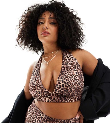 ASOS DESIGN Curve Mindy high apex halter triangle bikini top in leopard