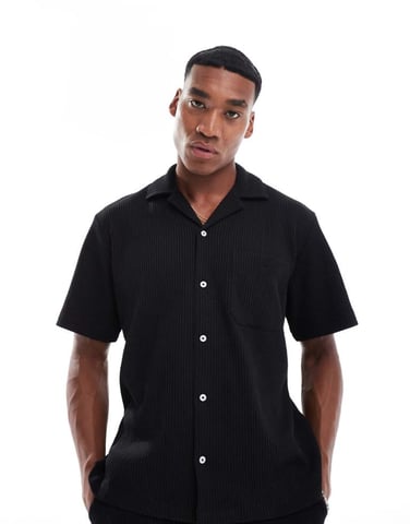 Selected co-ord waffle revere collar shirt in black