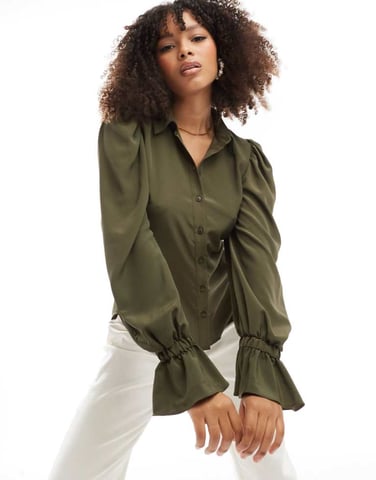 ASOS DESIGN volume sleeved soft shirt with ruffle cuffs in khaki