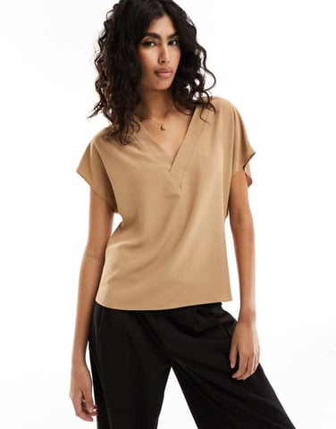 ASOS DESIGN V neck short sleeve top in latte