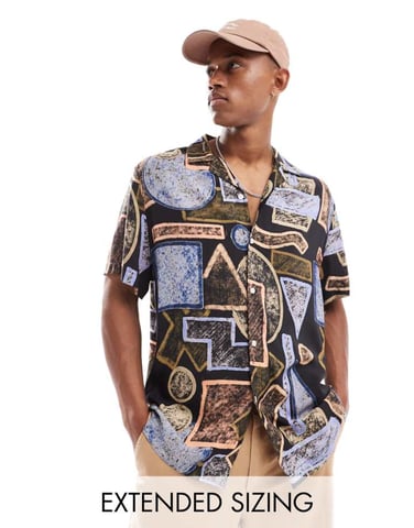 ASOS DESIGN relaxed revere shirt in abstract vintage print - MULTI