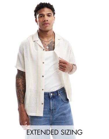ASOS DESIGN relaxed revere shirt in stone basket stripe