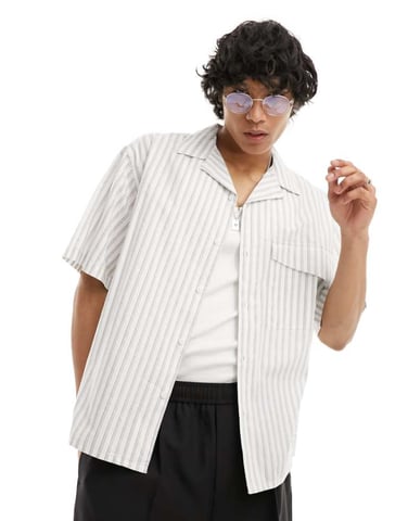 COLLUSION oversized poplin revere short sleeve shirt in grey stripe