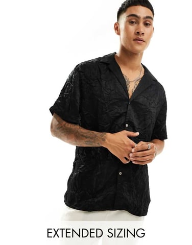 ASOS DESIGN short sleeve relaxed deep revere collar satin shirt in black