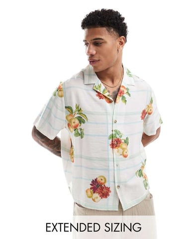 ASOS DESIGN boxy relaxed revere shirt with check and fruit print in white - WHITE