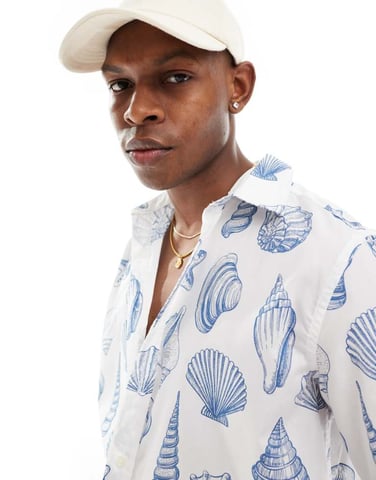 ONLY & SONS relaxed fit shirt with shell print in off white