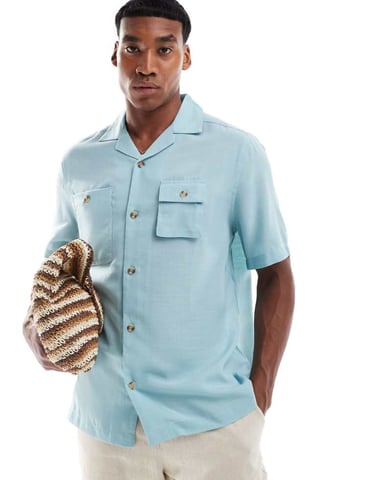 ASOS DESIGN relaxed revere shirt with utility pockets in dusty blue