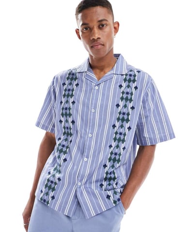 ASOS DESIGN relaxed revere stripe shirt with placement geo embroidery