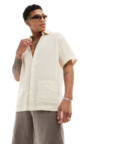 ASOS DESIGN avslappnad texturerad skjorta med fickor i sand