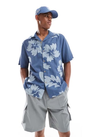 ASOS DESIGN relaxed revere shirt with hawaiian floral embroidery