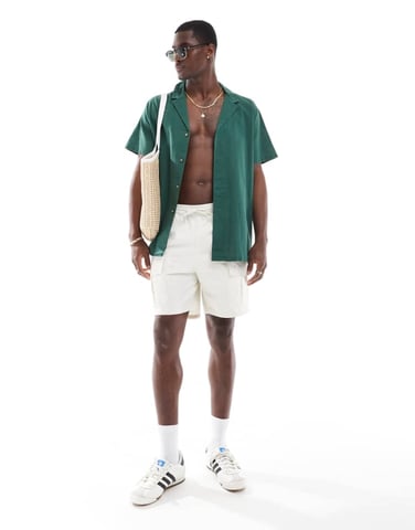 ASOS DESIGN relaxed linen blend shirt with deep revere collar in dark green