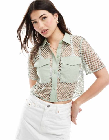 ASOS DESIGN mesh crop shirt in sage green