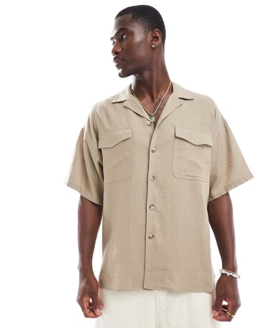 ADPT oversized linen mix shirt with double pocket in beige