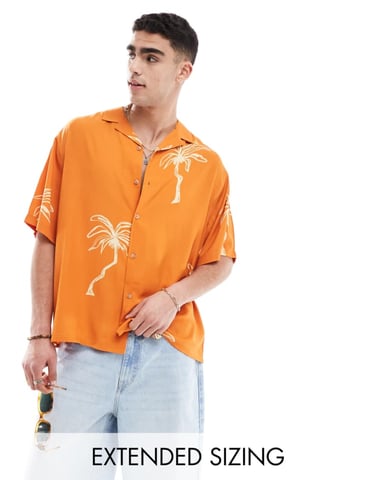 ASOS DESIGN oversized revere shirt with palm tree print in orange