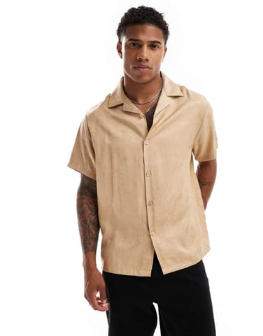 ASOS DESIGN short sleeve relaxed revere shirt in beige leafy jacquard