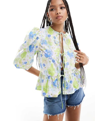 ASOS DESIGN peplum tie shirt top in green & blue floral
