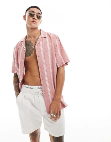 ASOS DESIGN relaxed revere shirt in linen mix stripe in red