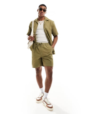 ASOS DESIGN co-ord relaxed revere shirt in with contrast stitching in khaki