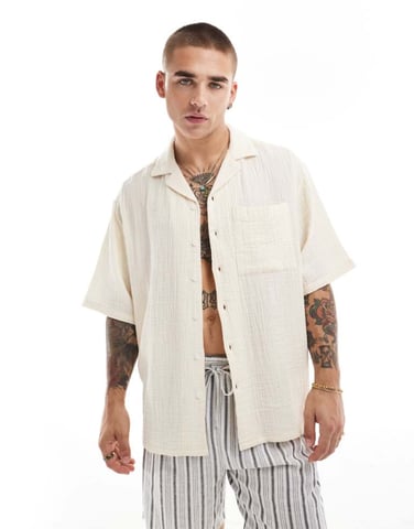 ONLY & SONS revere collar cheesecloth shirt in cream