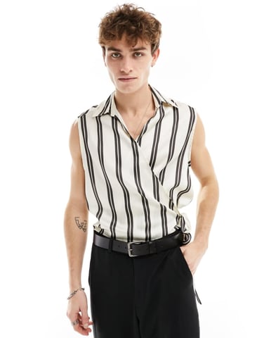 ASOS DESIGN boxy deep revere wrap tie shirt in satin stripe