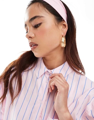 ASOS DESIGN short sleeve oversized co-ord shirt in pink & blue stripe