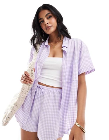 Miss Selfridge short sleeve resort shirt in lilac gingham co ord