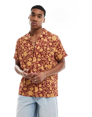 ASOS DESIGN relaxed revere textured shirt in orange and red floral print