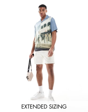 ASOS DESIGN relaxed revere shirt with photographic print in blue