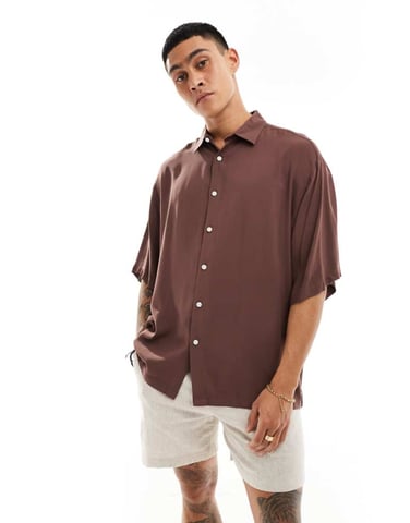ASOS DESIGN oversized viscose shirt in light brown