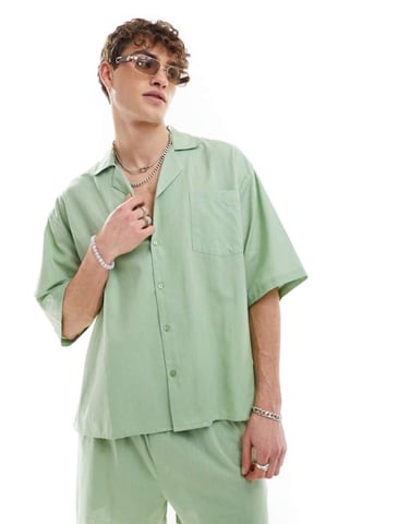 COLLUSION woven beach oversized revere shirt co-ord in sage green - LGREEN
