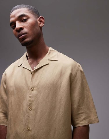 Topman co-ord short sleeve boxy linen blend shirt in stone