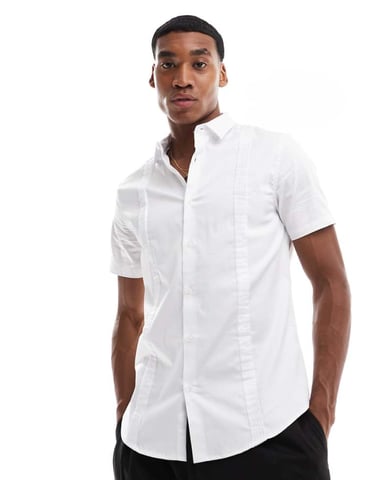 ASOS DESIGN smart kortärmad slim skjorta med plissering i vitt