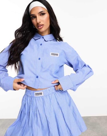 Weekend Collective co-ord cropped shirt with woven label in blue stripe