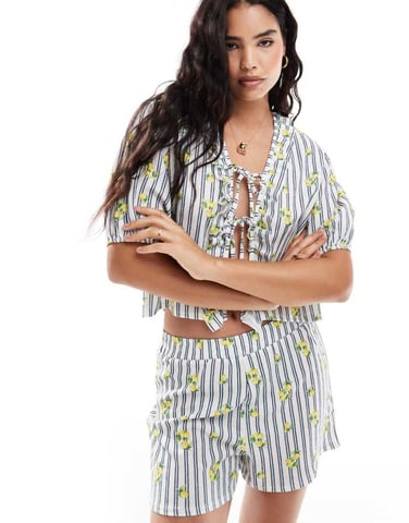 ASOS DESIGN boxer short co-ord in lemon and stripe print