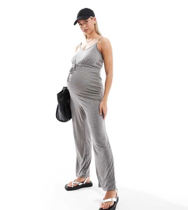 Mamalicious Maternity jersey tie waist jumpsuit in charcoal melange