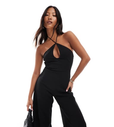 ASOS DESIGN Petite cut out halter wide leg jumpsuit in black
