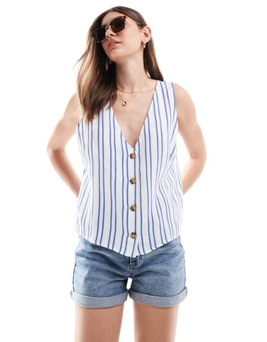 ASOS DESIGN linen look waistcoat in blue & white stripe